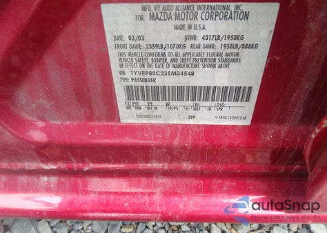 2003 Mazda Mazda6 I z USA, uszkodzony, nr VIN 1YVFP80C235M34548